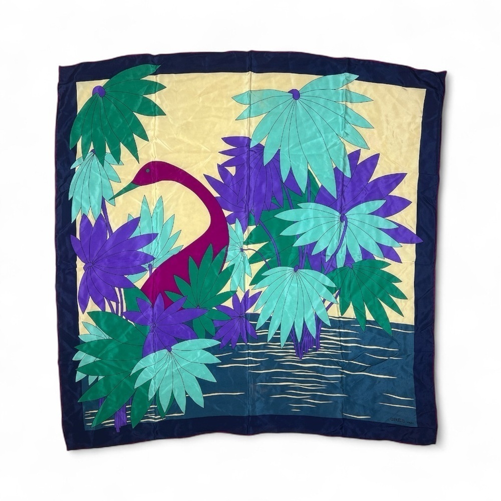 Vintage Grès Paris 100% Silk Scarf Tropical Bird Jungle Print Square